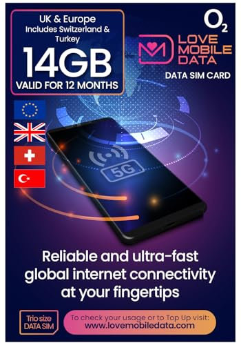 O2 Data SIM Card – Love Mobile Data International multi-network 4G/5G Prepaid Pay As You Go for Mobile Phones, WiFi Routers, & More - UK, Europe, Switzerland & Turkey Coverage, 14GB for 12 Months