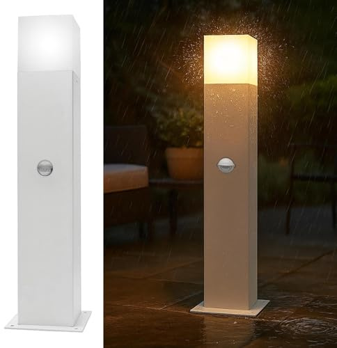 Planetitaly Lampione LED E27 da Giardino con Sensore Movimento Crepuscolare Lampioncino IP44 Luce Garage, Area Parcheggio, Ingresso, Passaggio Pedonale, 44cm Alimentazione 230V (Bianco, Con sensore)