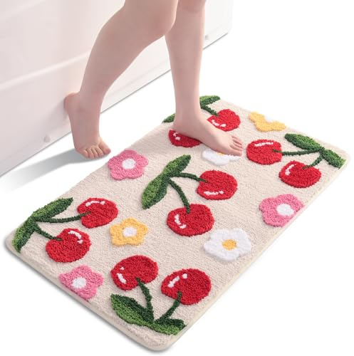 QJHOMO Beige Bath Mat Non Slip Bathroom Mats 50 x 80 cm, Cute Cherry Bathroom Accessories Flower Floor Mat, Thick Soft Microfiber Bathmat Machine Washable Bath Rug Absorbent Carpet for Bedroom