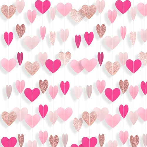 Hot-Pink Rose-Gold Heart Garland Girl Birthday Decorations Heart Paper Streamers Banner for Bachelorette Wedding Engagement Valentines Galentines Mothers Day Party Supplies 52 Feet