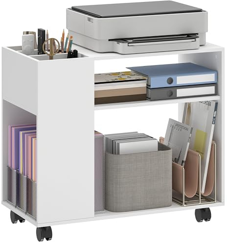 HOMCOM Table imprimante Roues Compartiment divisé 70x34x60 cm Blanc | Support d'imprimante, étagères, organiseur de bureau et chariot, pour fax et scanner de bureau.