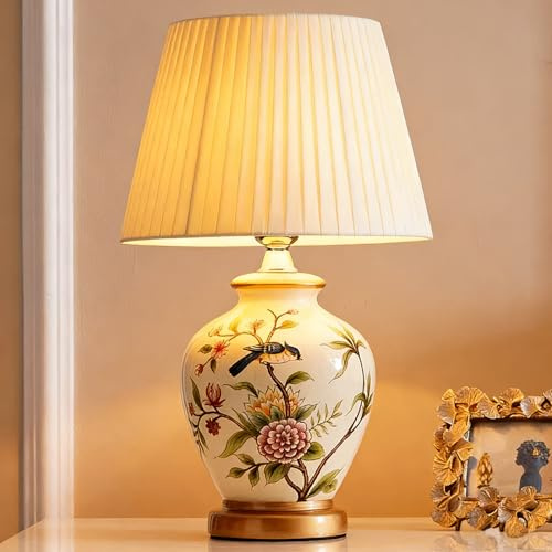 YUDIZWS Ceramic Table Lamp Vintage Floral Bedside Lamp with Fabric Shade | Vintage Decorative， hand-painted， artistic， decorative design， floral lamp