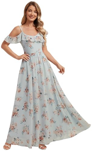 Ever-Pretty Abiti da Damigella Collo Asimmetrico Maniche Corte Chiffon Maxi Gonna Svasata Fiore ambrato 40