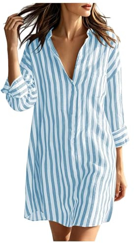 Générique Robe Chemise Femme Rayures Verticales Coton Léger, Mini Ample Col V Manches Longues Cache-Maillot Plage pour Vacances Été
