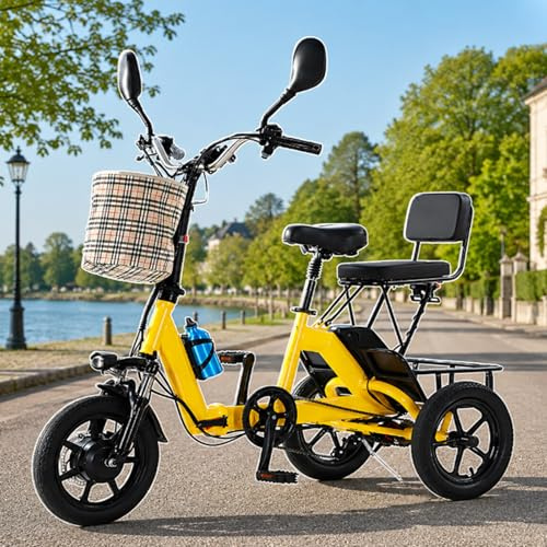 ErShangMao Triciclo Eléctrico Plegable para Adultos,Triciclo Eléctrico 2026 con Capacidad De Carga De 200 Kg,20 Km/H,Autonomía De 40 Km,Cesta Y Asiento Traseros,3 Modos,Triciclo De 3 Ruedas Yellow