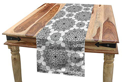 ABAKUHAUS Mandala Tischläufer, Monochrome Blumen Ethnic, Esszimmer Küche Rechteckiger Dekorativer Tischläufer, 40 x 300 cm, Anthrazit Schwarz