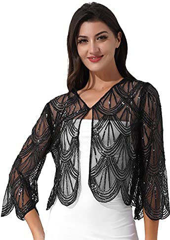 CHICTRY Women Shiny Sequins Evening Cape Vintage Long Sleeve Party Bolero Shrug Cardigan Black One Size