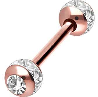 PIERCINGLINE Chirurgenstahl Barbell EPOXYRING KUGELN + KRISTALLE Piercing Stab Brust Zunge Roségoldfarben Kristallklar 14 mm