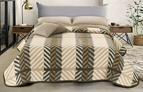 SpazioTessile - Coperta Matrimoniale Invernale Misto Lana, Plaid Matrimoniale Made in Italy, Fantasia Spiga, Coperta Calda 500 gr/m² per Letto o Divano (Beige-Marrone, 210x250)