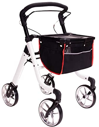 HEALTHLINE Rollator Walker for Seniors - Lightweight 4 Wheel Eldery Walker Heavy Duty - Rollator Walkers for Seniors with Basket & Tray - Narrow Doors Indoor Rollator White Color