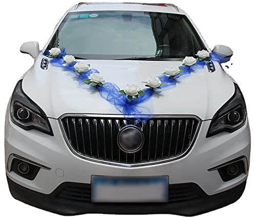 Tiardey Auto Matrimonio Decorazione Floreale Fiori Artificiali Rosa Nastro Matrimonio Auto Decorazione Fiori Ghirlanda per la Festa di Nozze - Blu