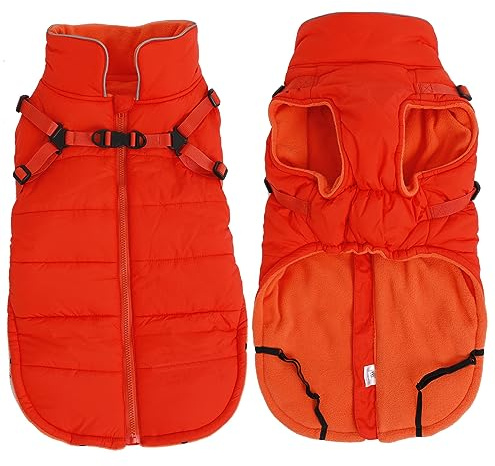 Geyecete Winter Warm Coat Waterproof Dog Winter Jacket with Harness Traction Belt,Windproof Pet Outdoor Jacket Dog Autumn-Orange-L