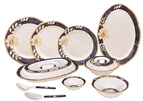 Set di stoviglie in melamina da 36 pezzi, design contemporaneo con stampa floreale, infrangibile, leggero, con piatti e ciotole con doppia perla, smalti reattivi solidi (viola e arancione)