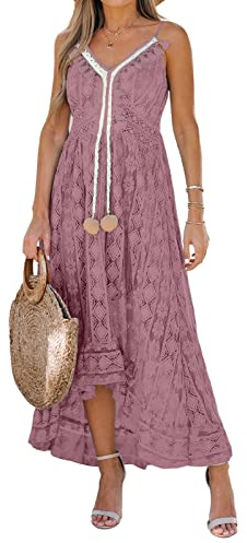 CUPSHE Robe d'été pour Femme Boho Maxi à Lacets avec Pompon col en V évasé à Volants Robes de Plage Rouge Rouille M