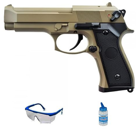 Ecommur. Cyma 92 CM126 Tan | Pistolet électrique à Billes Airsoft 6 mm + Lunettes de Protection + Bouteille 1000 0,20. [Puissance : 0,5 Joules]