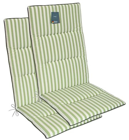 LILENO HOME Gartenstuhl Auflagen als [2er Set - Hochlehner] in Streifen Grün + Keder Grau - Bequeme Liegen als Sitzauflagen für Gartenmöbel - Stuhlkissen für Gartenstühle und Klappstühle MAD
