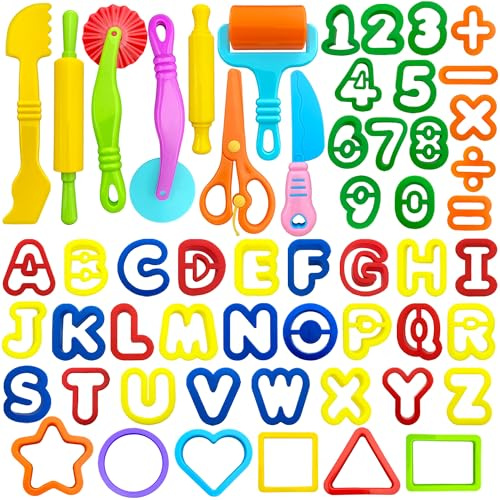 iShyan Dough Tools 55 PCS Dough Play Tools Set for Kids, Plastic Alphabet Numbers Shapes Cutters, Rollers, Scissors