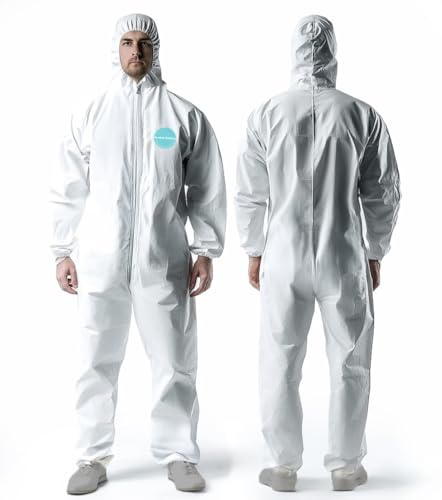 Andes Safety 25 Pack Hazmat Suits, Heavy Duty Full Body Disposable Paint Suits, Coveralls with Hood, Elastic Wrists and Ankles, (Large)