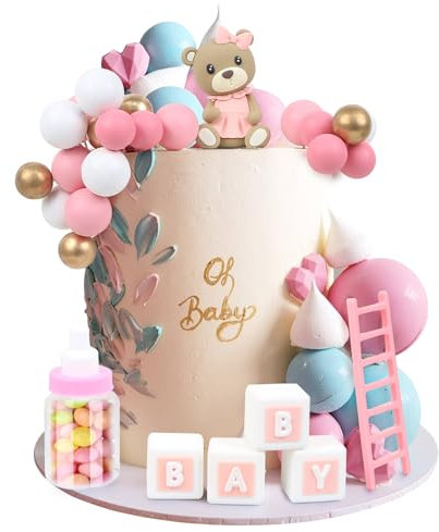 LARDUX 24 PCS Baby Shower Cake Decorations-Bear Cake Decoration DIY Cake Balls Decoration for Baby Boy Girl Birthday Party Gender Reveal Bear Baby Shower Cake Decor-Pink