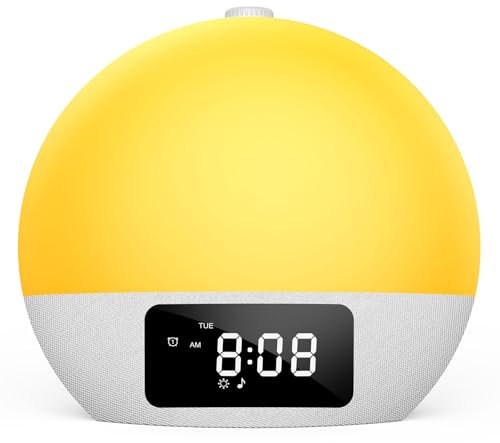 Foryond Tageslichtwecker,Lichtwecker Sonnenaufgang Wecker Digital Wake Up Light mit 25 beruhigende Klänge in 16 Helligkeit,Doppelalarm,8 Volltonfarben 9 farbige Licht, Wecker mit Projektion Weiß