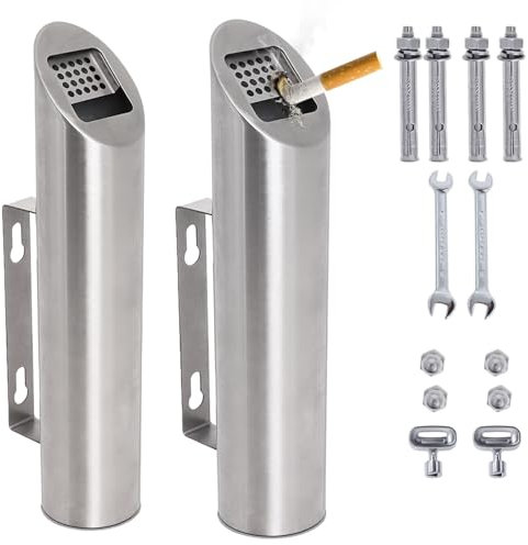 Posacenere da Parete in Acciaio Inox 2 Pezzi, Cenereio Rotondo da Esterno di Facile Pulizia, Ideale per Balcone, Giardino, Hotel, Ufficio, Ristorante (Argento)