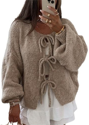 Acrawnni Damen Y2K Strickjacke mit Schnürung vorne und Schleife, einfarbig, V-Ausschnitt, Grobstrick, lange Puffärmel, lockere Strickware, A-Kaki, M