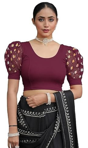 Jaanvi fashion Women's Round Neck Cotton Blend Stretchable Puffed Elbow Sleeve Readymade Saree Blouse (roli-wine-xxl)