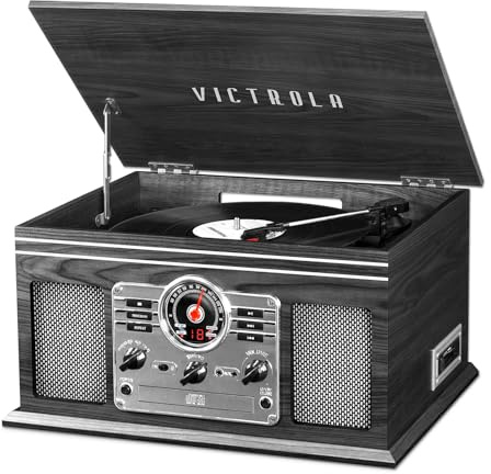 Victrola The Quincy 6-i-1 Bluetooth- och vinylspelare med inbyggda högtalare – multimediecenter med 3-hastigheters skivspelare, CD- och kassettspelare, AM/FM-radio och trådlös musikströmning (Grå)