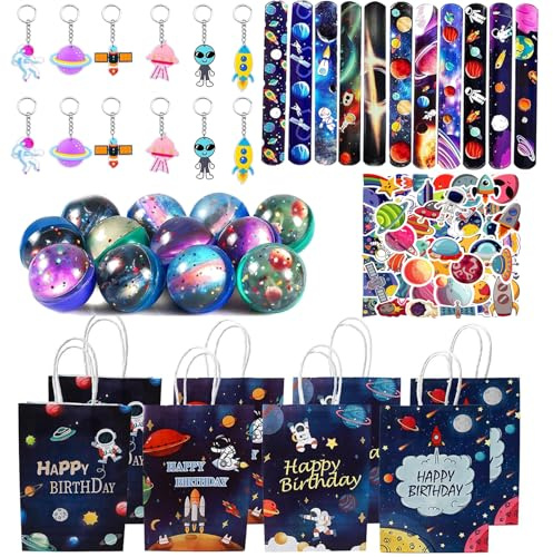 Yhjxly 98 stycken rymdpresentpaket set, astronautfest gåvor, världsfödelsedagsdekoration, nyckelring hoppboll snäpparmband, för barns födelsedag dekoration