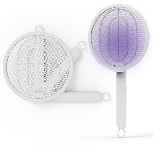 Buzzeap Raquette Electrique Insectes, 4000V 1500mAh 2-en-1 Raquette Moustiques Électrique Rechargeable avec Câble de Chargement USB-C Contre Moustiques Mouches Mites, Blanc