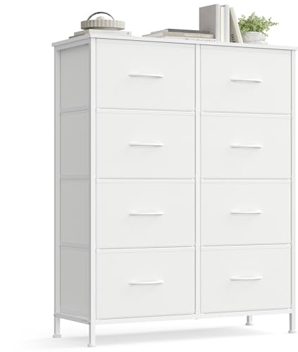 SONGMICS Kommode, Schrank, 8 Stoffschubladen, Aufbewahrungsschrank, Stahl, MDF, Vliesstoff, für Schlafzimmer, Flur, Wohnzimmer, wolkenweiß-schneeweiß LGS124WH01