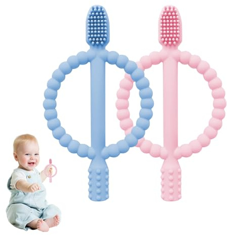 Mordedor Bebe Refrigerante,Juguete la Dentición de Silicona, 2 pcs Mordedor Bebe Palillo de Dentición con Pulsera para Bebé, Juguetes Dentición Bebé para Bebés de Más de 3 Meses(Azul y Rosa)