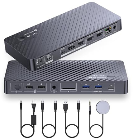 AV Access Dockingstation Dual Monitor für Laptop & Desktop, KVM Switch 2 Monitore 2 Computer mit Ethernet, EDID, 4K @ 60Hz Dual Display, 4xUSB-A, 1xUSB-C, Netzteil für Laptop, Audio, SD