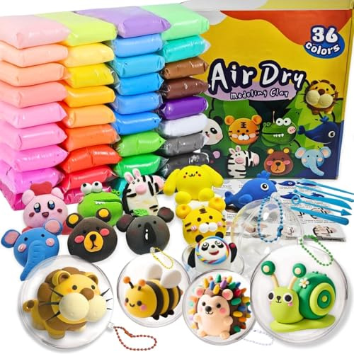 Air Dry Clay Kit,36 Colors Plasticine with 5 Pcs Tools,6 Fillable Balls,Ball Chains,6 Sealable Bags and Tutorials,Plasticine Modelling Clay,DIY Present for Boys & Girls