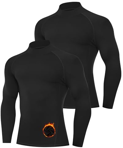 Runhit 2 Pack Men's Thermal Compression Shirts Mock Turtle Neck Long Sleeve Fleece Lined Undershirt Athletic Base Layer Winter Gear Black+Black M