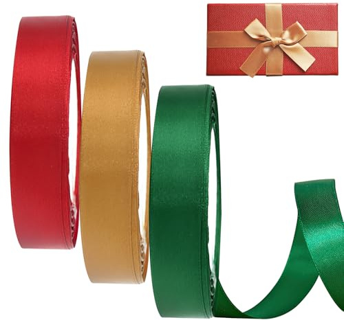 3 Rolls Christmas Ribbon, Xmas Polyester Ribbons, Christma RibbonGift Wapping, Christmas Double Sided Satin Ribbon RollCrafts DIY for Crafting Xmas Tree Cake Wreath Bow Wedding Decor 25mm x 22m
