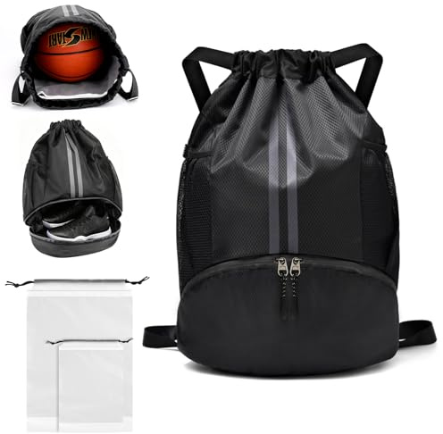 PE Bags Drawstring, Football Boot Bag Sports Gym Black Backpack with Shoe Compartment, 18.5*12.6*6.3in Waterproof Nylon Kit Sack Wet Dry Separation for Kids Adults Men Women Swimming Training School