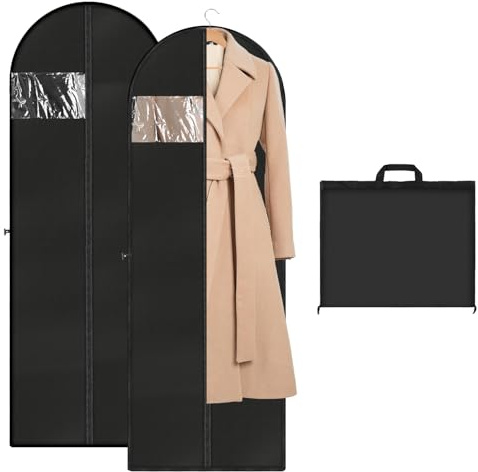 2 Piezas Protectores de Ropa, Bolsa para Colgar Abrigos Largos, Funda Plegable para Prendas de Vestir, Bolsas de Ropa Cremallera Cubiertas para Vestidos Largos, Trajes, Abrigos, 180 x 60cm, Negro