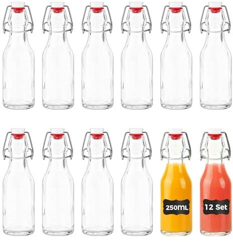 YOMKILU Juego de 12 Botellas Cristal 250 ml con Tapón Hermético, Botella Vidrio con 12 Etiquetas, Botella de Cristal Transparente para Bebidas, Cerveza, Aceite, Vinagre, Agua