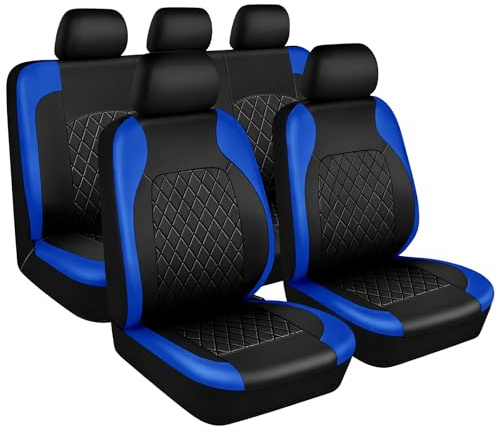 Leather Car Seat Covers Full Set,Universal Front Rear Seats Protectors Set | Soft & Breathable Car Seat & Headrest Covers with Airbag Compatible,Waterproof Cushion Cover for Most Cars,Vans,SUVs (Blue)