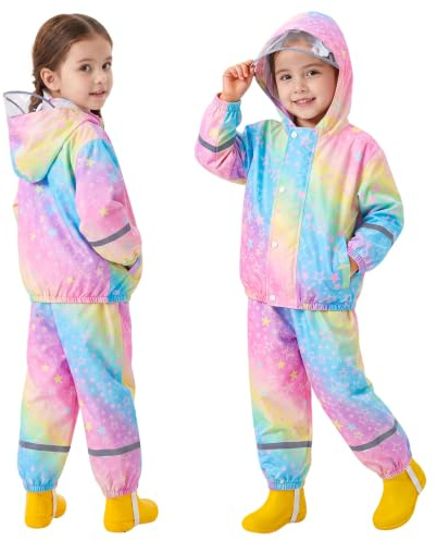 Keyck Combinaison de Pluie 2 Pièces pour Fille Garçon Imperméable 1-7 Ans | à Capuche, Respirant Léger, Enfant Veste de Pluie & Pantalon Ensemble, avec Bandes Réfléchissante, Manteaux École Randonnée