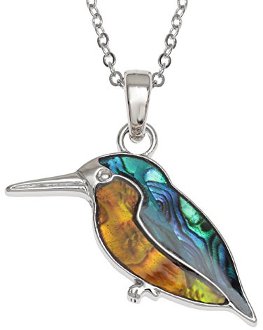 Kiara Jewellery Kingfisher Pendant Necklace Inlaid With Bluish Green And Orange Paua Abalone Shell on 18 Trace Chain. Rhodium Style Plating.