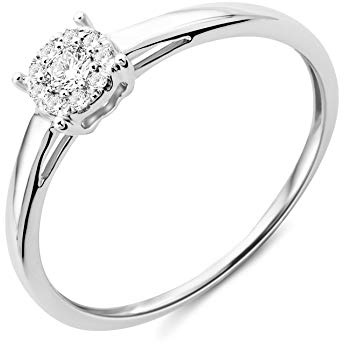 MIORE Anello Donna Oro Bianco Vero 9KT 375 con Diamanti Naturali Ct 0,10. Anello Fidanzamento Elegante con Brillanti Effetto Solitario. Gioielli Donna Anallergici con Scatola Portagioie Regalo
