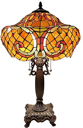 Bieye L10783 Baroque Tiffany Style Stained Glass Table Lamp with 16-inch Wide Lampshade for Living Room Bedside Home Decoration, 24-inch Tall (Orange)