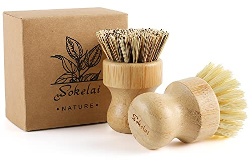 Bamboo Dish Scrub Brushes Set for Kitchen - Wooden Cleaning Scrubbers Brushes, Eco-Friendly Natural Dishes Washing Brush for Dishwashing Cast Iron Pots Pans Skillet Vegetables Sink, Set of 2