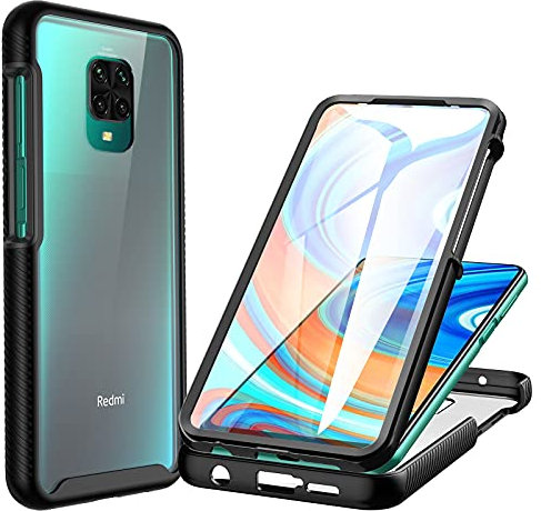 CENHUFO Funda Xiaomi Redmi Note 9S / Note 9 Pro, Carcasa Antigolpes 360 Grados con Protector de Pantalla Integrado Robusta Doble Cara Bumper Case Transparente Anti-Amarilleo Completa Capa - Negro