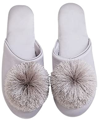 OUFU Pantofole di muli in memory foam di satina femminile, pannelli da donna della nappa pom pom pom con donna non slittata