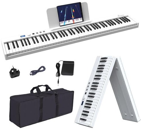 OYAYO Folding Piano Keyboard, 88 Keys Full Size Semi-Weighted Keyboard Support Bluetooth & MIDI, Foldable Piano Keyboard with Sustain Pedal and Piano Bag for Beginner Best Gift (White)