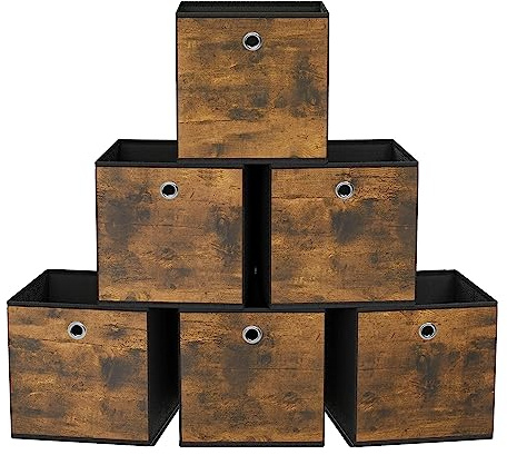 SONGMICS Storage Cubes, Set of 6 Storage Bins with Handles, Foldable Oxford Fabric and Non-Woven Fabric Storage Boxes, 10.2x10.2x11 Inches, Fit Cube Storage Unit, Rustic Brown URFB126B01