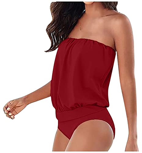Maillot De Bain Femme 1 Pieces Maillot De Bain Une PièCe pour Femme Sexy Maillot De Bain Bustier Gainant Ventre Plat Tankini Maillot De Bain Femme 1 Pieces Amincissant pour Nager(Rouge,L)